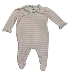 Ralph Lauren Baby Girl Button Up Footie Romper Pink & White Stripes Size 3 Month